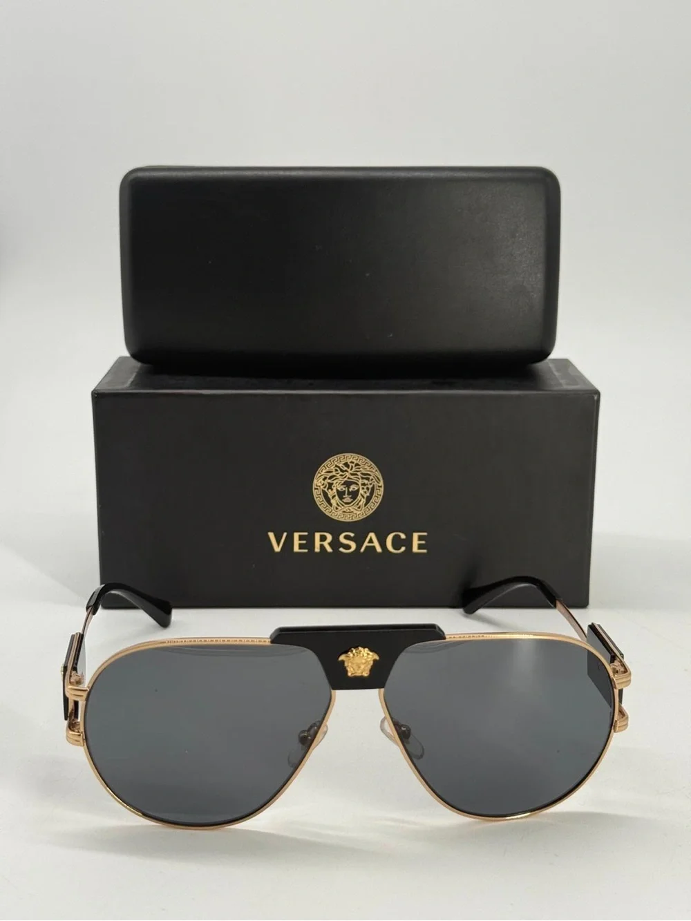 Versace Men's Sunglasses Gold w/ Dark Grey Oval Lens MOD 2252 Size 63/12